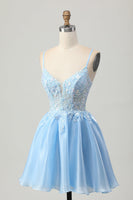 Load image into Gallery viewer, Sparkly Blue A Line Short Corset Homecoming Dress with Lace