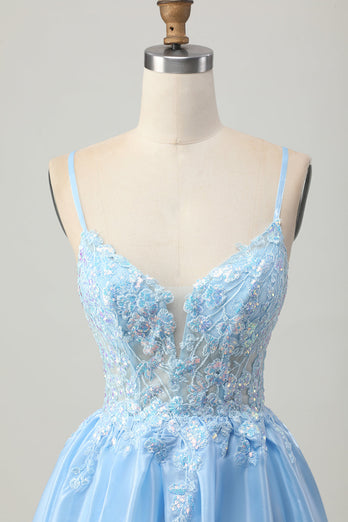 Sparkly Blue A Line Short Corset Homecoming Dress with Lace