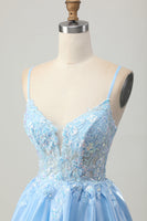 Load image into Gallery viewer, Sparkly Blue A Line Short Corset Homecoming Dress with Lace