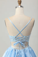 Load image into Gallery viewer, Sparkly Blue A Line Short Corset Homecoming Dress with Lace
