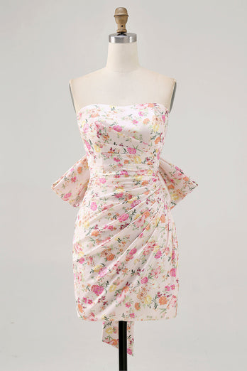 Strapless Pink Floral Ruched Bow Short Homecoming Dress