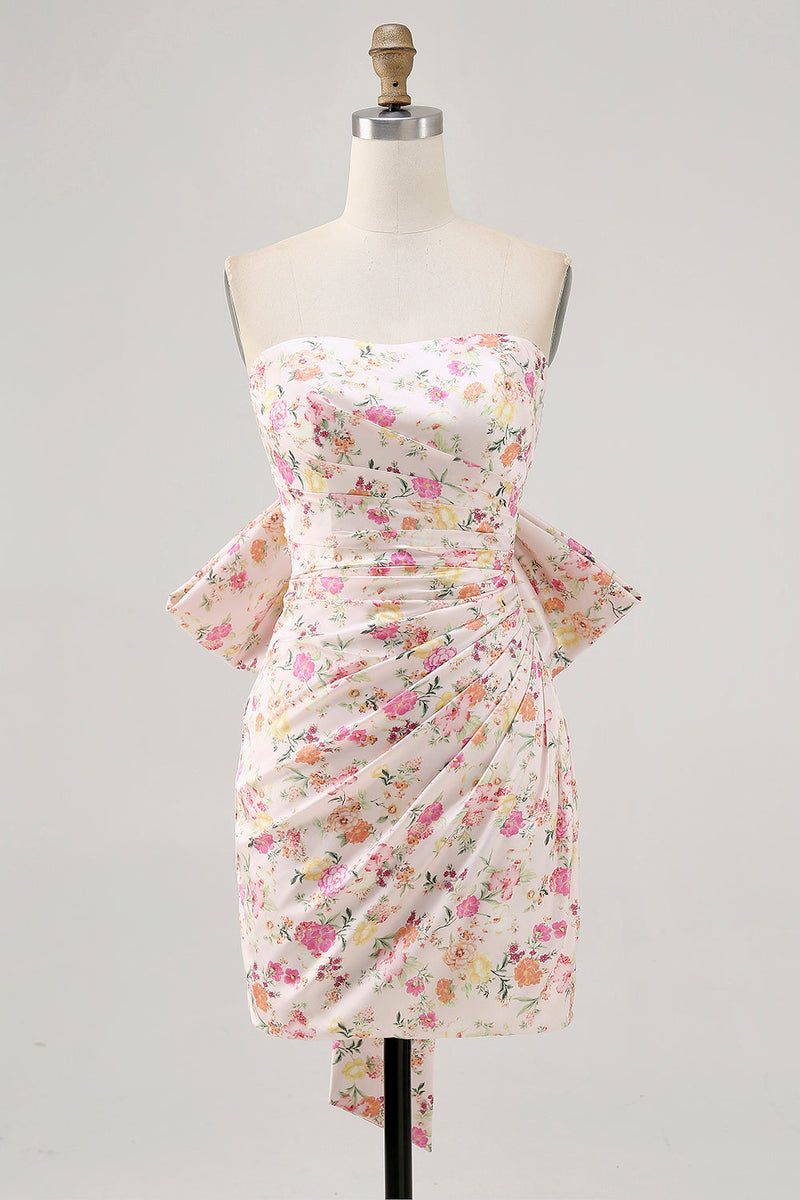 Load image into Gallery viewer, Strapless Pink Floral Ruched Bow Short Homecoming Dress
