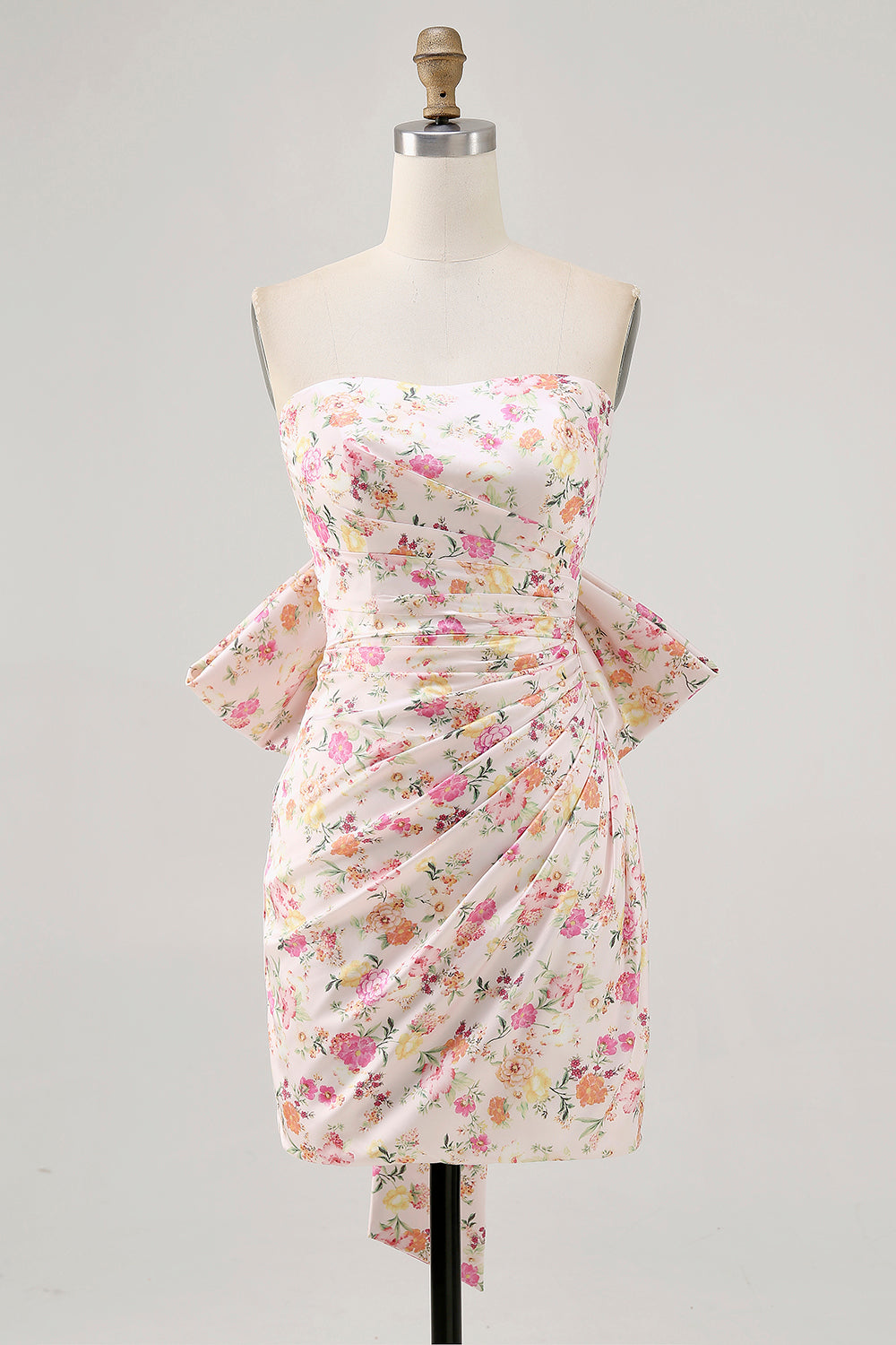 Strapless Pink Floral Ruched Bow Short Homecoming Dress