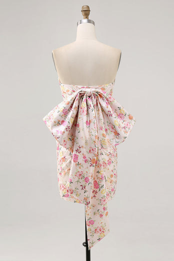 Strapless Pink Floral Ruched Bow Short Homecoming Dress