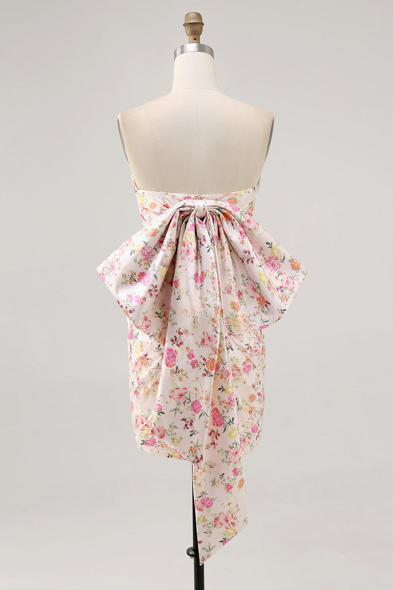 Load image into Gallery viewer, Strapless Pink Floral Ruched Bow Short Homecoming Dress