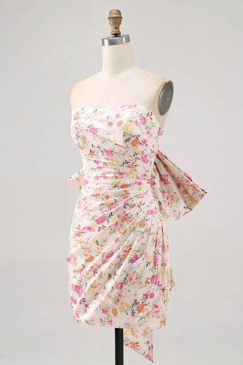 Strapless Pink Floral Ruched Bow Short Homecoming Dress