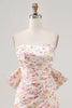 Load image into Gallery viewer, Strapless Pink Floral Ruched Bow Short Homecoming Dress