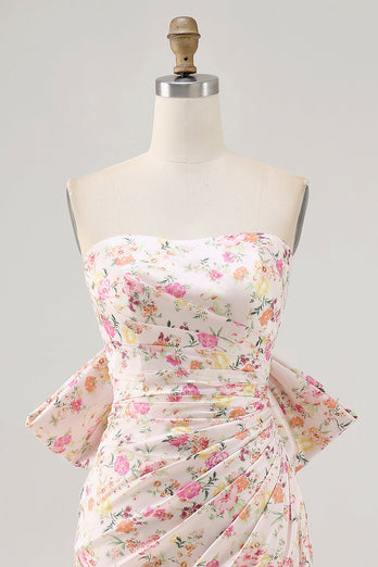 Strapless Pink Floral Ruched Bow Short Homecoming Dress