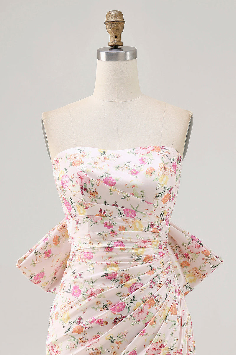 Load image into Gallery viewer, Strapless Pink Floral Ruched Bow Short Homecoming Dress