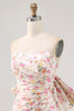 Load image into Gallery viewer, Strapless Pink Floral Ruched Bow Short Homecoming Dress