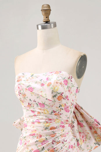Strapless Pink Floral Ruched Bow Short Homecoming Dress