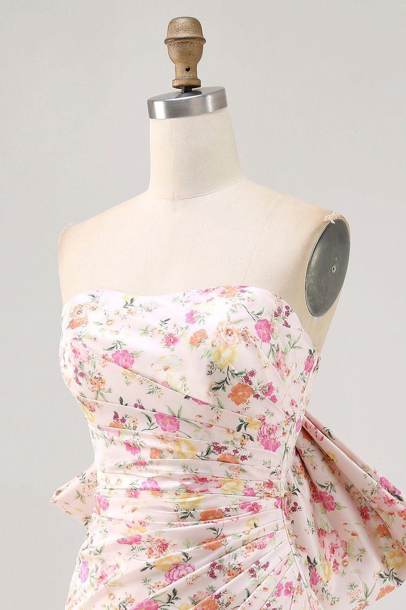 Load image into Gallery viewer, Strapless Pink Floral Ruched Bow Short Homecoming Dress