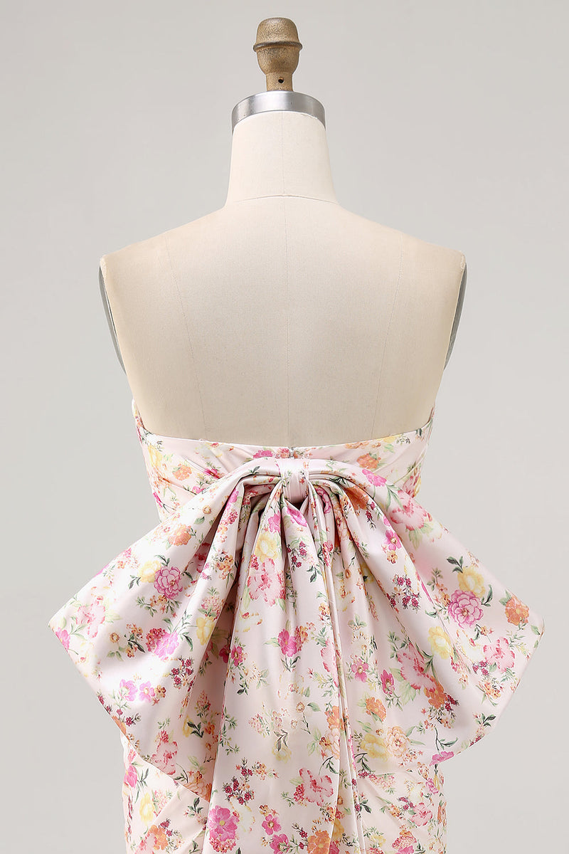 Load image into Gallery viewer, Strapless Pink Floral Ruched Bow Short Homecoming Dress