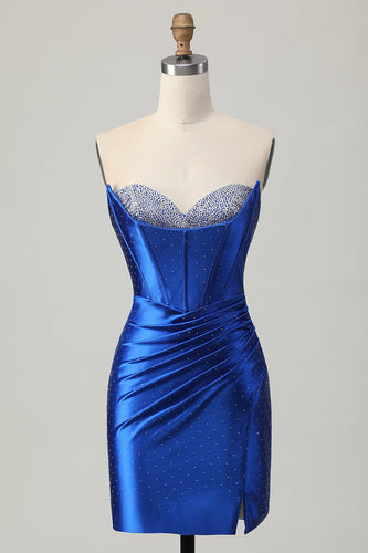 Sparkly Royal Blue Tight Corset Short Homecoming Dress with Beading