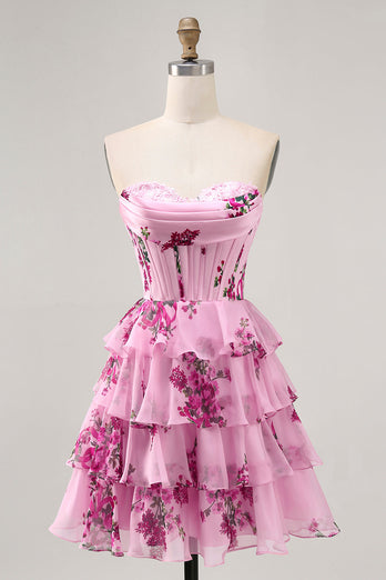 Sweetheart Pink Floral Corset Short Homecoming Dress with Ruffles