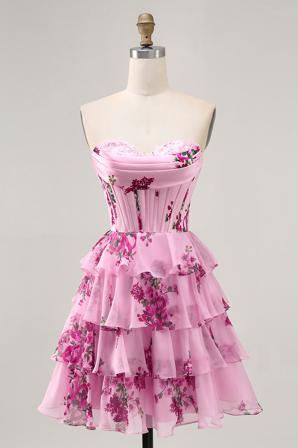 Sweetheart Pink Floral Corset Short Homecoming Dress with Ruffles