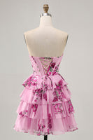 Load image into Gallery viewer, Sweetheart Pink Floral Corset Short Homecoming Dress with Ruffles