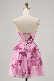 Sweetheart Pink Floral Corset Short Homecoming Dress with Ruffles