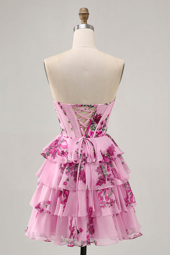 Sweetheart Pink Floral Corset Short Homecoming Dress with Ruffles