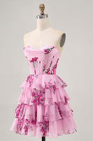 Load image into Gallery viewer, Sweetheart Pink Floral Corset Short Homecoming Dress with Ruffles