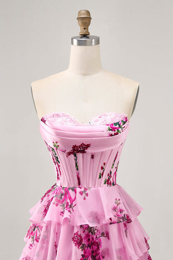 Sweetheart Pink Floral Corset Short Homecoming Dress with Ruffles