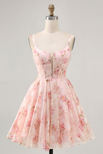 Blush Floral A Line Corset Short Chiffon Homecoming Dress