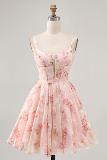 Blush Floral A Line Corset Short Chiffon Homecoming Dress