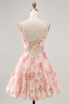 Blush Floral A Line Corset Short Chiffon Homecoming Dress