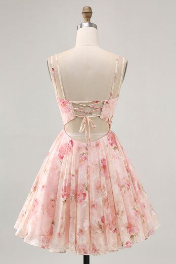 Blush Floral A Line Corset Short Chiffon Homecoming Dress