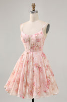 Load image into Gallery viewer, Blush Floral A Line Corset Short Chiffon Homecoming Dress