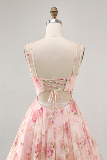 Blush Floral A Line Corset Short Chiffon Homecoming Dress