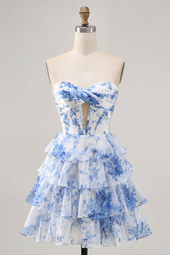 White and Blue Floral Short Corset Ruffled Homecoming Dress with Keyhole
