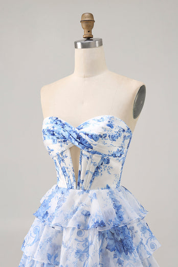 White and Blue Floral Short Corset Ruffled Homecoming Dress with Keyhole