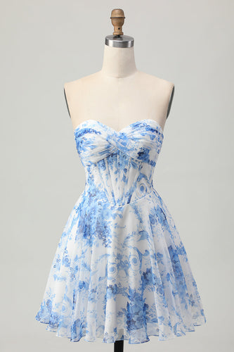 White Blue Flower A Line Short Corset Homecoming Dress