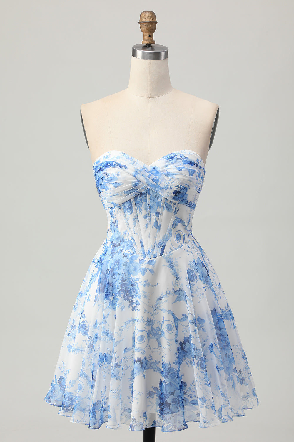White Blue Flower A Line Short Corset Homecoming Dress