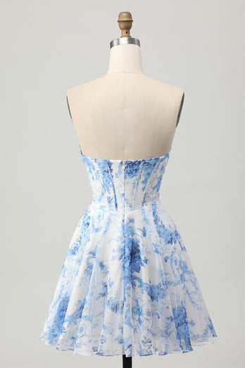 White Blue Flower A Line Short Corset Homecoming Dress