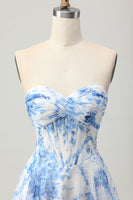 Load image into Gallery viewer, White Blue Flower A Line Short Corset Homecoming Dress
