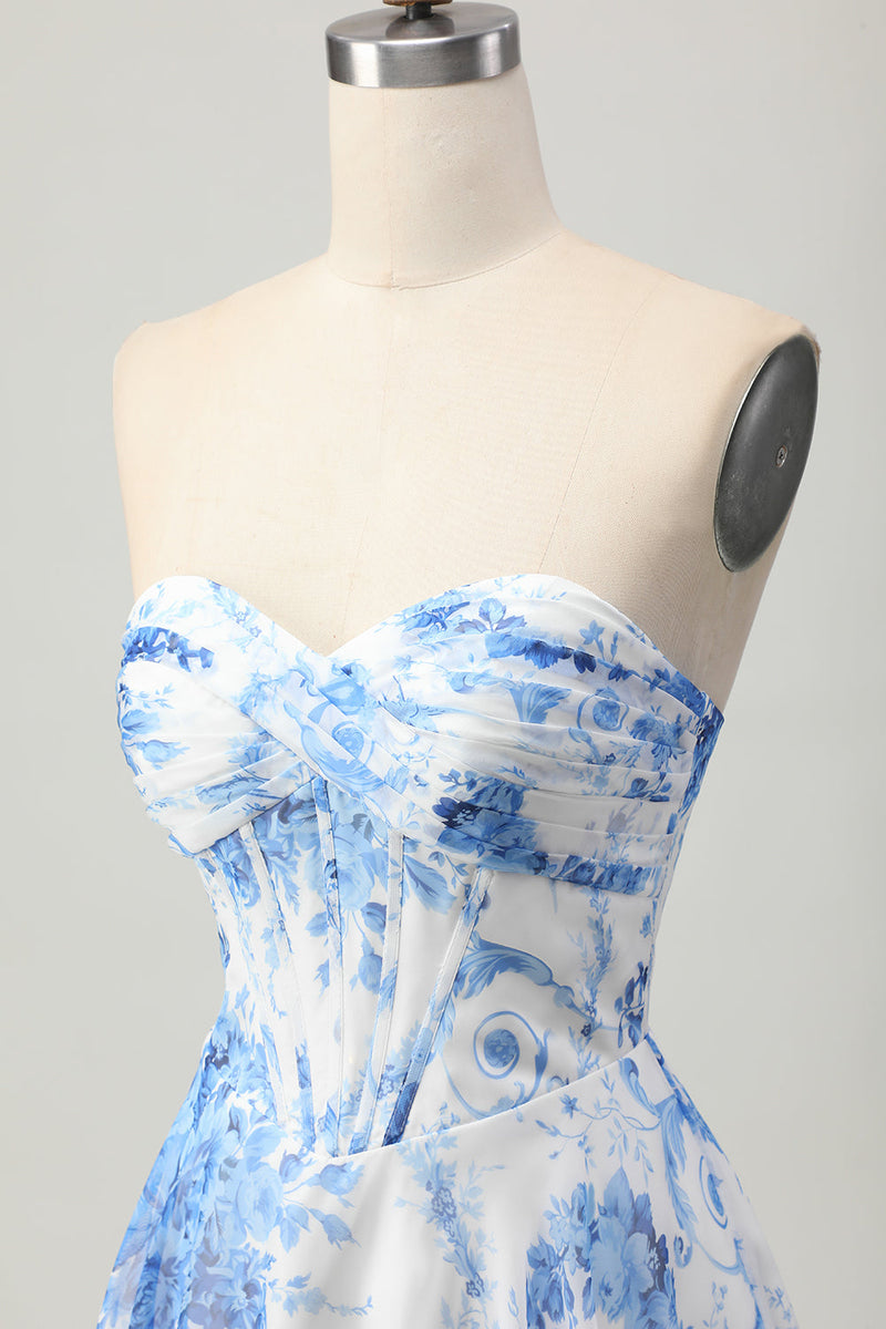 Load image into Gallery viewer, White Blue Flower A Line Short Corset Homecoming Dress