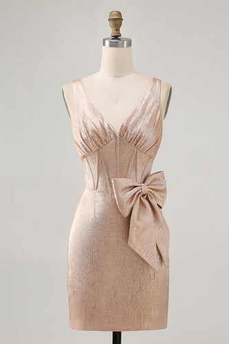 Champagne Jacquard Tight Corset Short Homecoming Dress with Bow