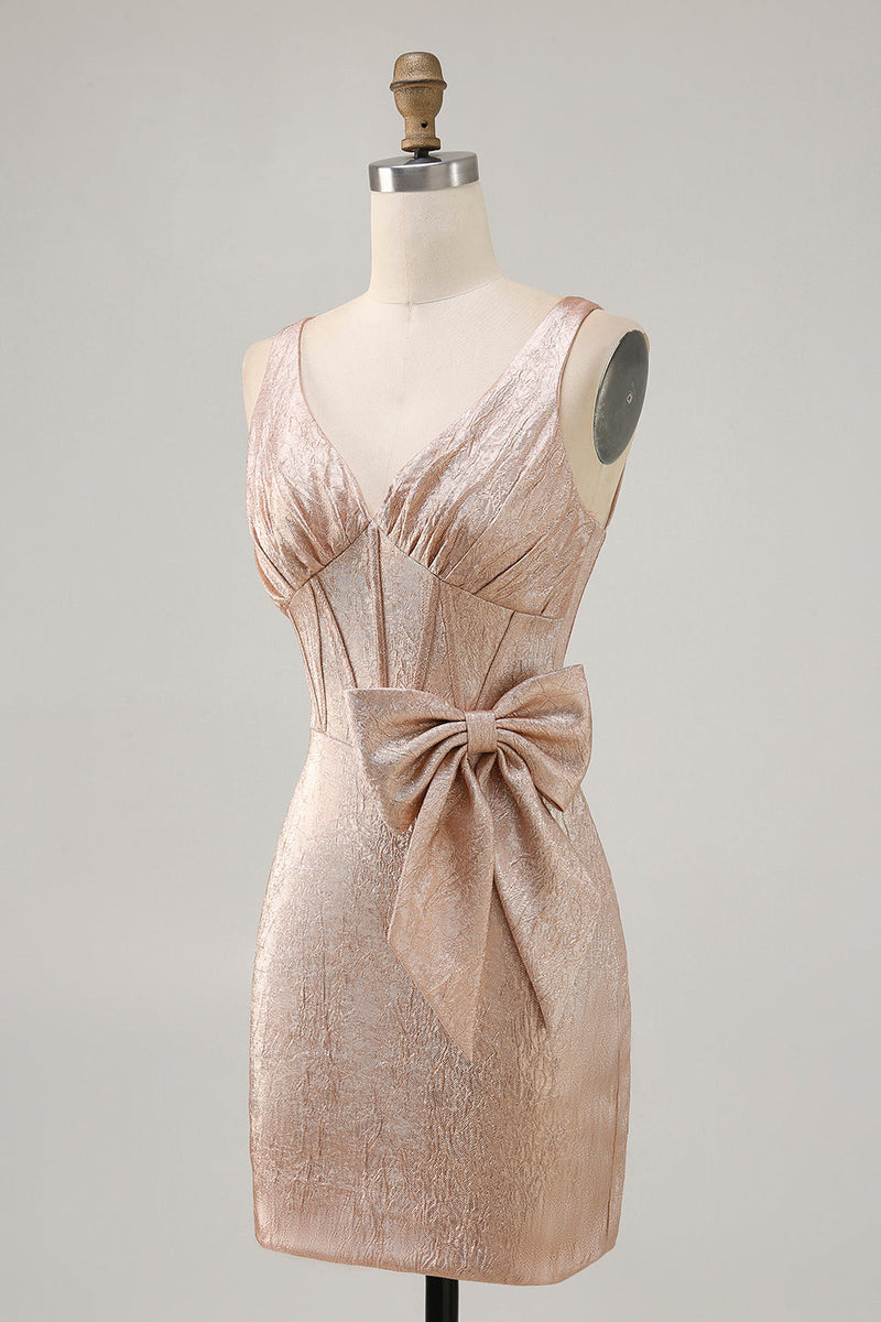 Load image into Gallery viewer, Champagne Jacquard Tight Corset Short Homecoming Dress with Bow