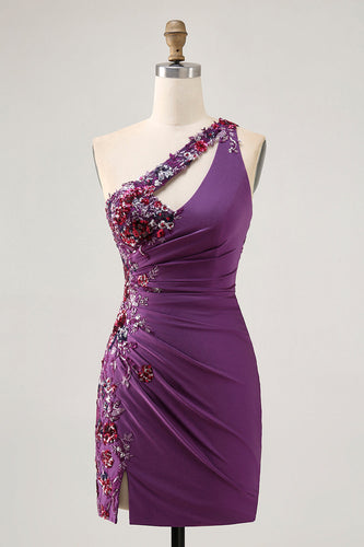 Sparkly Dark Purple Floral One Shoulder Short Tight Homecoming Dress