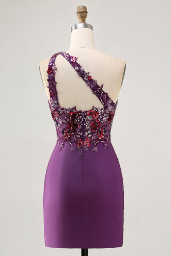 Sparkly Dark Purple Floral One Shoulder Short Tight Homecoming Dress