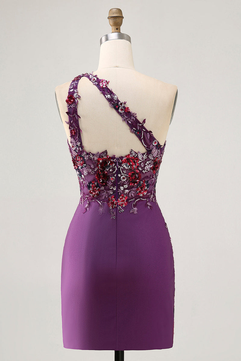 Load image into Gallery viewer, Sparkly Dark Purple Floral One Shoulder Short Tight Homecoming Dress