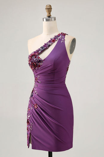 Sparkly Dark Purple Floral One Shoulder Short Tight Homecoming Dress
