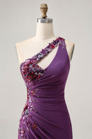 Load image into Gallery viewer, Sparkly Dark Purple Floral One Shoulder Short Tight Homecoming Dress