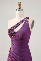 Load image into Gallery viewer, Sparkly Dark Purple Floral One Shoulder Short Tight Homecoming Dress