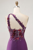 Load image into Gallery viewer, Sparkly Dark Purple Floral One Shoulder Short Tight Homecoming Dress