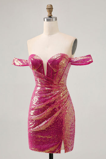Sparkly Fuchsia Tight Sequin Ruched Short Corset Homecoming Dress