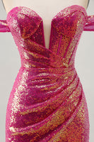 Load image into Gallery viewer, Sparkly Fuchsia Tight Sequin Ruched Short Corset Homecoming Dress