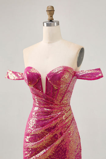 Sparkly Fuchsia Tight Sequin Ruched Short Corset Homecoming Dress